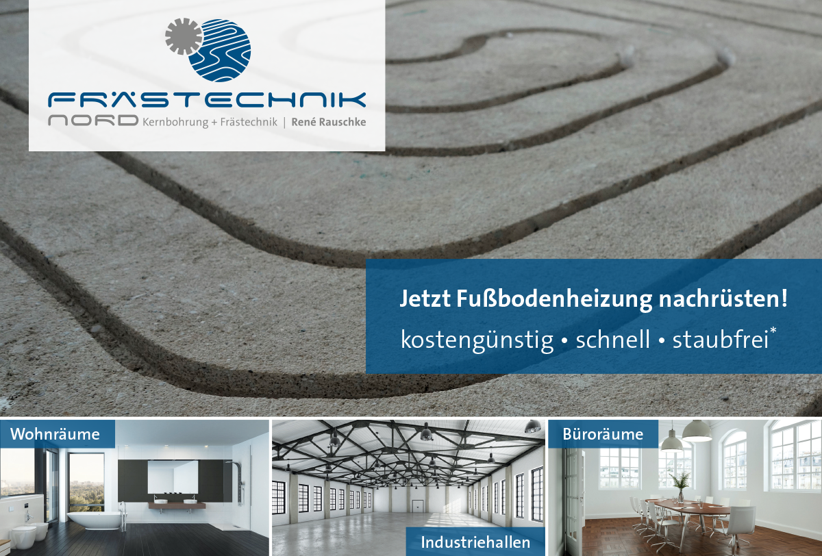 Nachträgliches Fräsen von Fußbodenheizungen in bestehenden Wohnungen, Industriehallen und Büros. Eine Fußbodenheizung nachzurüsten, ist in der gegenwärtigen Zeit kein Problem mehr. Vielleicht haben auch Sie ein Haus oder eine Wohnung, in der es keine Fußbodenheizung gibt. Gerade im Winter ist es angenehm, schön warme Füße zu haben. Häufig wirkt sich dies auch nicht nur auf die Füße aus, sondern die gesamte Raumtemperatur kann beeinflusst werden. Fliesen eignen sich dafür besonders gut, doch auch Laminat, Parkett oder andere Bodenbeläge stellen kein Problem dar, um eine Fußbodenheizung nachzurüsten.